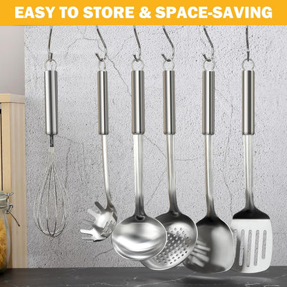 Kitchen Cooking Utensils Set, Stainless Steel Kitchen Utensils with Suspendable Handle, Spatula, Slotted Turner, Soup Ladle, Slotted Spoon, Whisk, Pasta Server, Dishwasher Safe