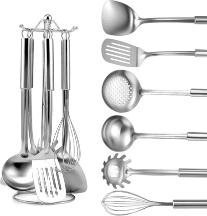Kitchen Cooking Utensils Set, Stainless Steel Kitchen Utensils with Suspendable Handle, Spatula, Slotted Turner, Soup Ladle, Slotted Spoon, Whisk, Pasta Server, Dishwasher Safe