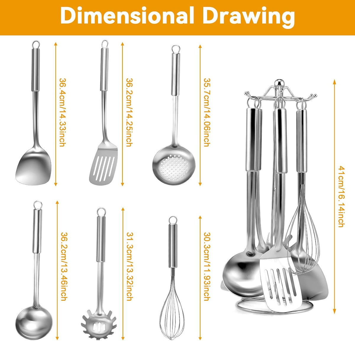 Kitchen Cooking Utensils Set, Stainless Steel Kitchen Utensils with Suspendable Handle, Spatula, Slotted Turner, Soup Ladle, Slotted Spoon, Whisk, Pasta Server, Dishwasher Safe