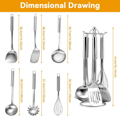 Kitchen Cooking Utensils Set, Stainless Steel Kitchen Utensils with Suspendable Handle, Spatula, Slotted Turner, Soup Ladle, Slotted Spoon, Whisk, Pasta Server, Dishwasher Safe
