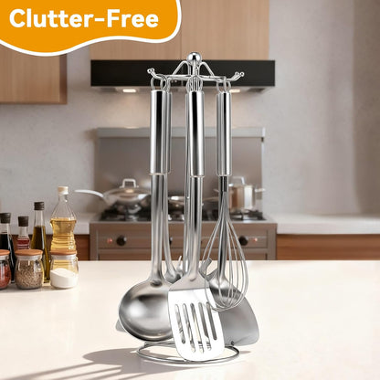 Kitchen Cooking Utensils Set, Stainless Steel Kitchen Utensils with Suspendable Handle, Spatula, Slotted Turner, Soup Ladle, Slotted Spoon, Whisk, Pasta Server, Dishwasher Safe