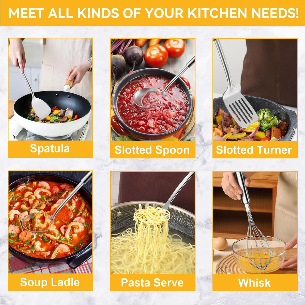 Kitchen Cooking Utensils Set, Stainless Steel Kitchen Utensils with Suspendable Handle, Spatula, Slotted Turner, Soup Ladle, Slotted Spoon, Whisk, Pasta Server, Dishwasher Safe