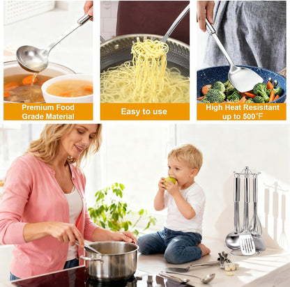 Kitchen Cooking Utensils Set, Stainless Steel Kitchen Utensils with Suspendable Handle, Spatula, Slotted Turner, Soup Ladle, Slotted Spoon, Whisk, Pasta Server, Dishwasher Safe