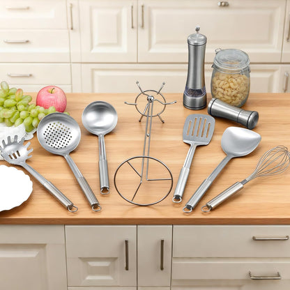 Kitchen Cooking Utensils Set, Stainless Steel Kitchen Utensils with Suspendable Handle, Spatula, Slotted Turner, Soup Ladle, Slotted Spoon, Whisk, Pasta Server, Dishwasher Safe