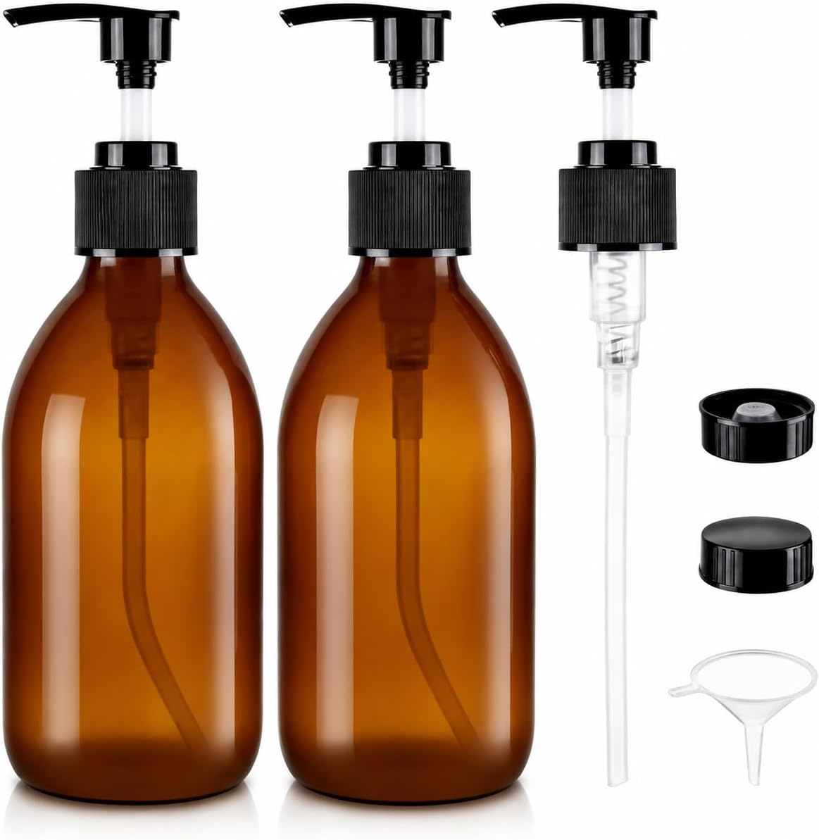 8 oz Amber Glass Pump Bottle, Small Empty Soap Dispenser for Oil | Refillable Dark Lotion Dispensers, Include Storage Caps, Funnel, Labels - UV Block, Smooth 2CC Pump, BPA-free, 250ml 2 Pack