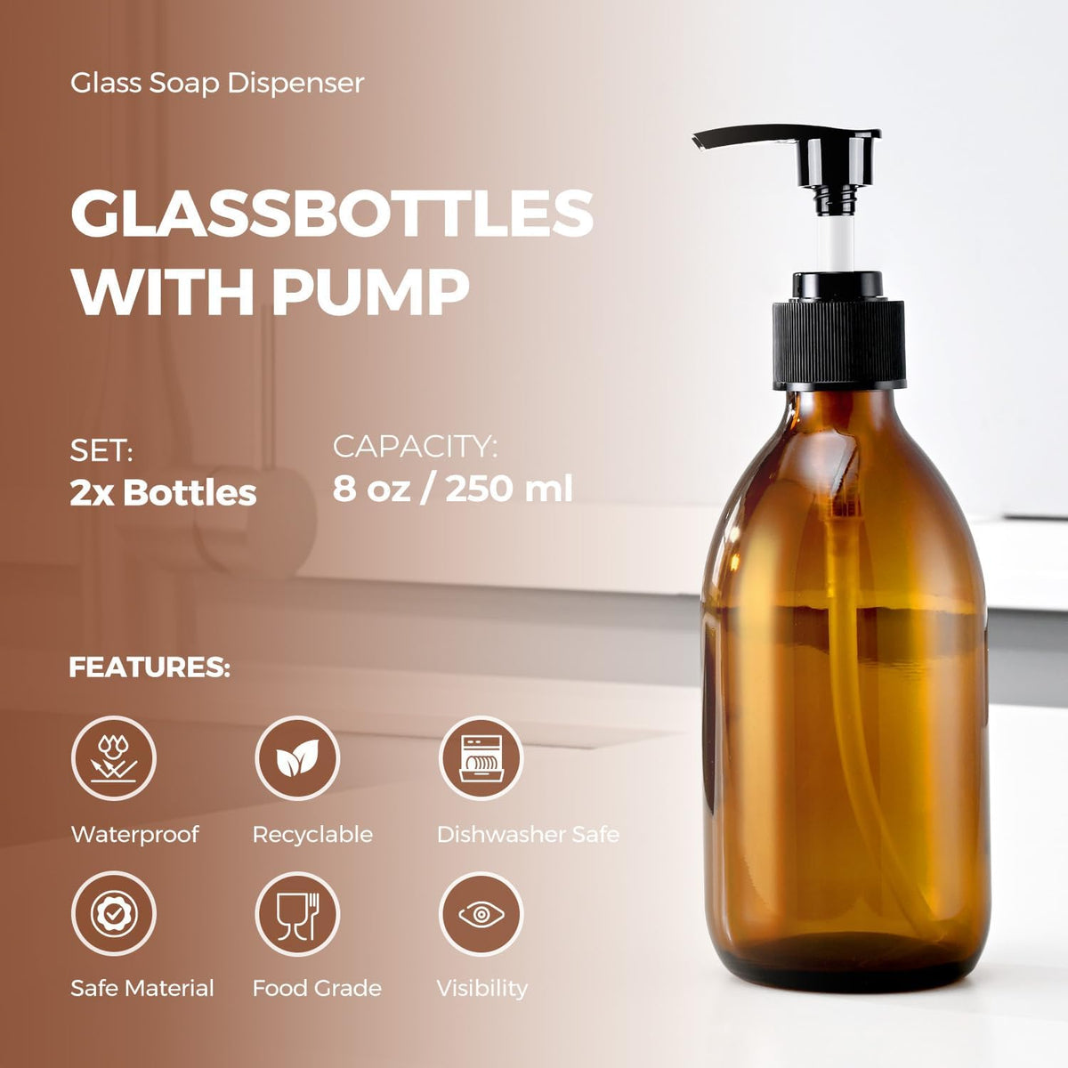 8 oz Amber Glass Pump Bottle, Small Empty Soap Dispenser for Oil | Refillable Dark Lotion Dispensers, Include Storage Caps, Funnel, Labels - UV Block, Smooth 2CC Pump, BPA-free, 250ml 2 Pack