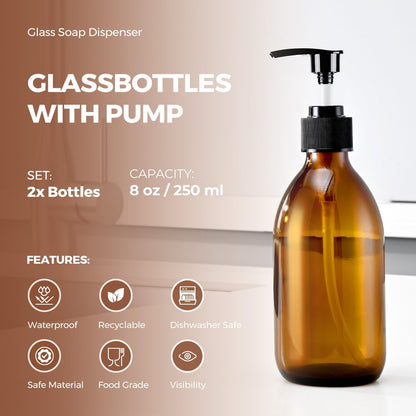 8 oz Amber Glass Pump Bottle, Small Empty Soap Dispenser for Oil | Refillable Dark Lotion Dispensers, Include Storage Caps, Funnel, Labels - UV Block, Smooth 2CC Pump, BPA-free, 250ml 2 Pack