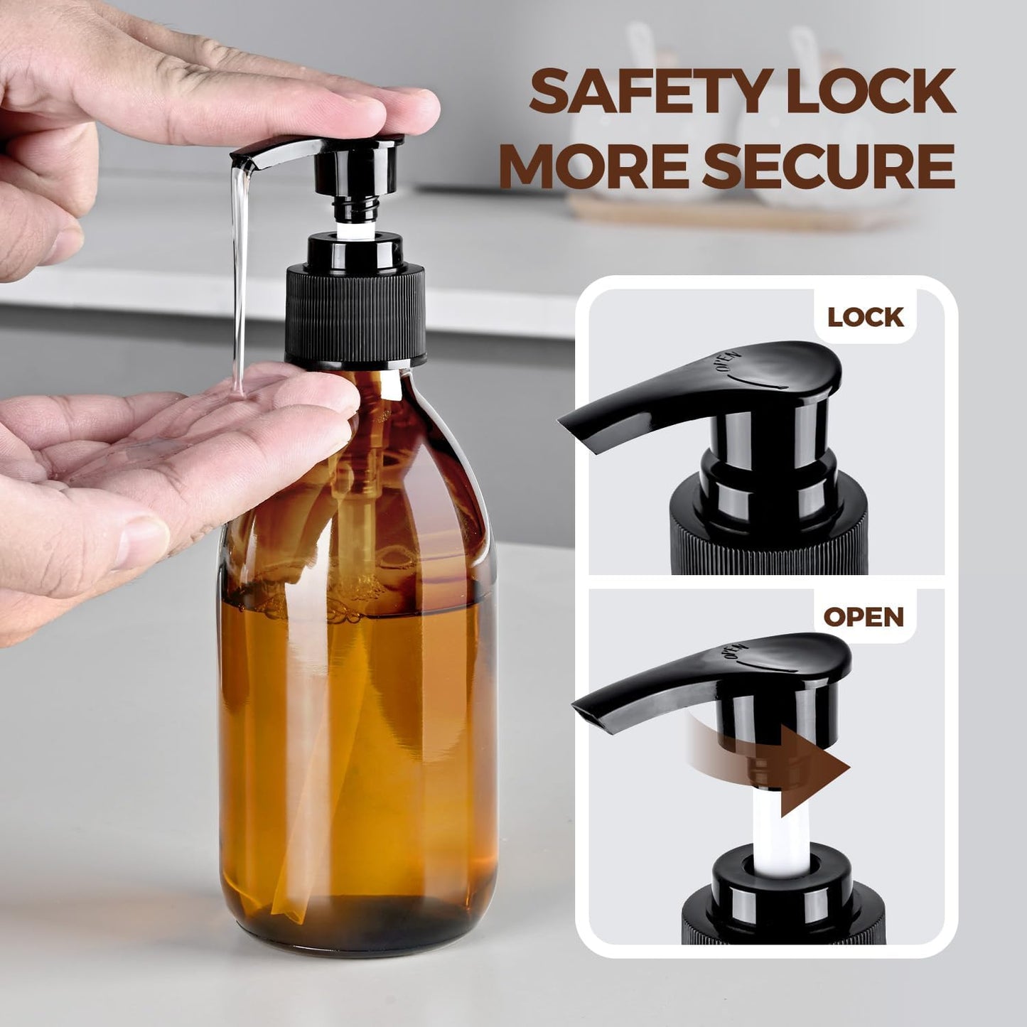 8 oz Amber Glass Pump Bottle, Small Empty Soap Dispenser for Oil | Refillable Dark Lotion Dispensers, Include Storage Caps, Funnel, Labels - UV Block, Smooth 2CC Pump, BPA-free, 250ml 2 Pack