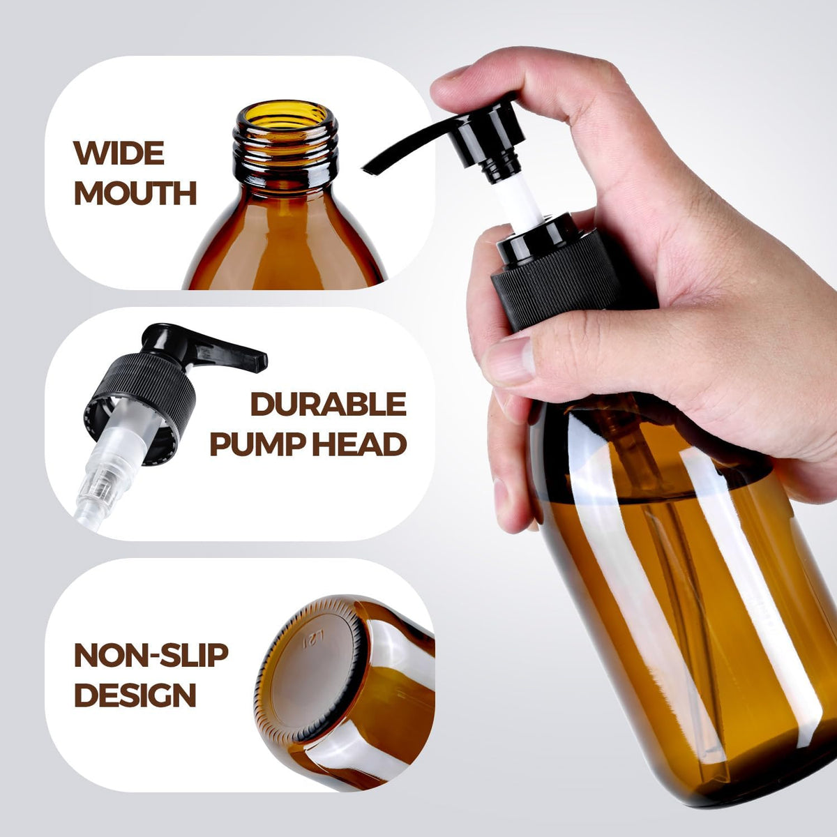 8 oz Amber Glass Pump Bottle, Small Empty Soap Dispenser for Oil | Refillable Dark Lotion Dispensers, Include Storage Caps, Funnel, Labels - UV Block, Smooth 2CC Pump, BPA-free, 250ml 2 Pack