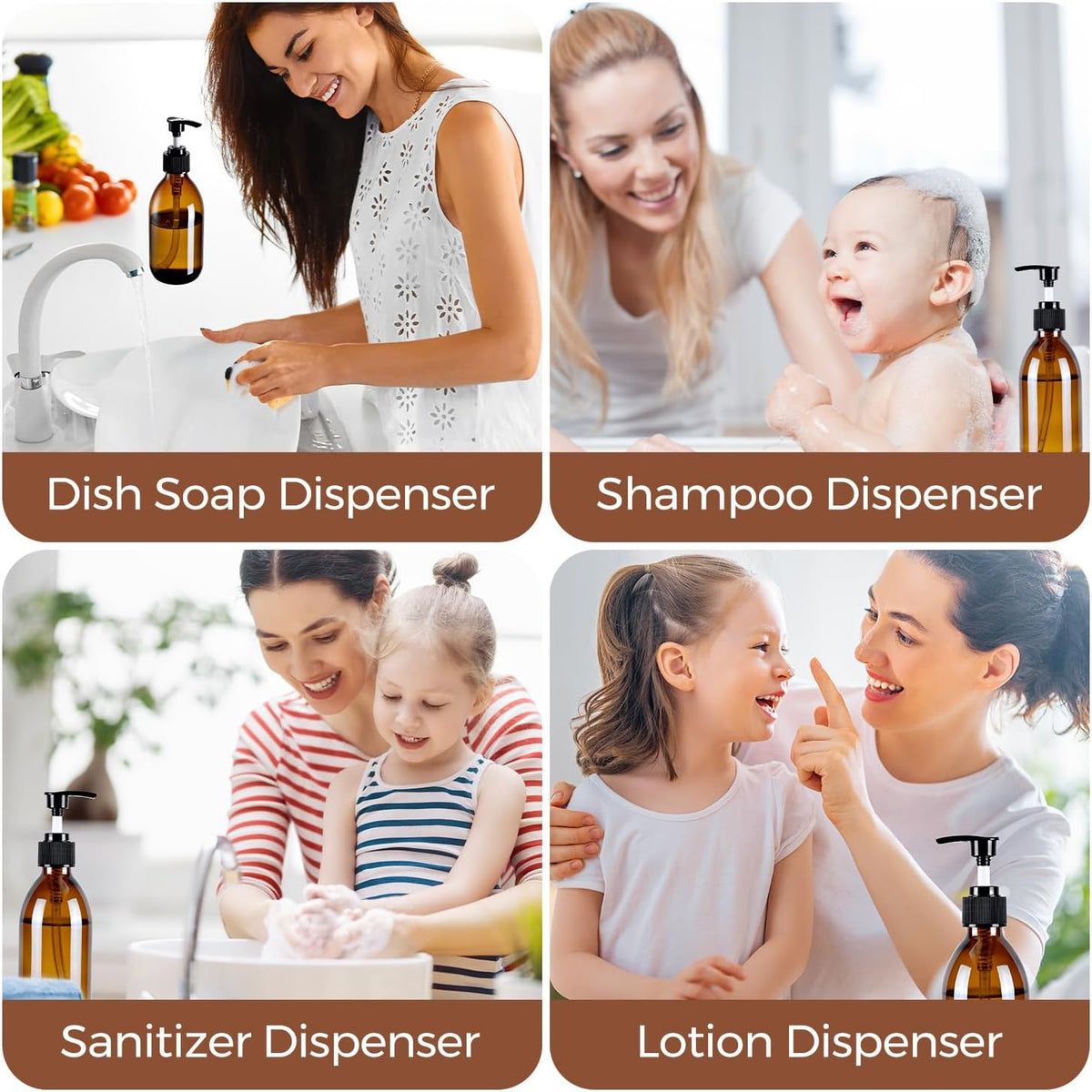 8 oz Amber Glass Pump Bottle, Small Empty Soap Dispenser for Oil | Refillable Dark Lotion Dispensers, Include Storage Caps, Funnel, Labels - UV Block, Smooth 2CC Pump, BPA-free, 250ml 2 Pack