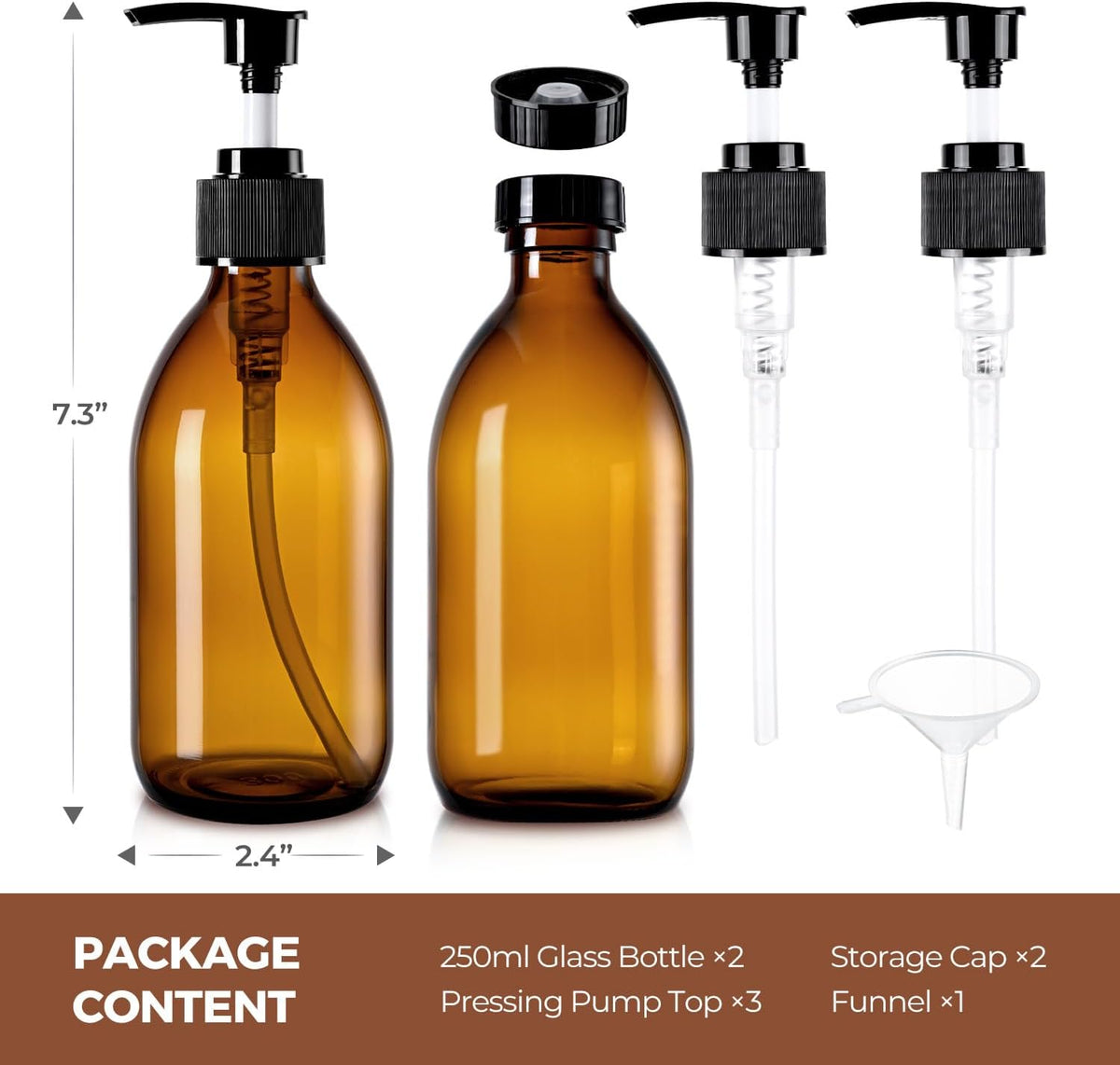 8 oz Amber Glass Pump Bottle, Small Empty Soap Dispenser for Oil | Refillable Dark Lotion Dispensers, Include Storage Caps, Funnel, Labels - UV Block, Smooth 2CC Pump, BPA-free, 250ml 2 Pack