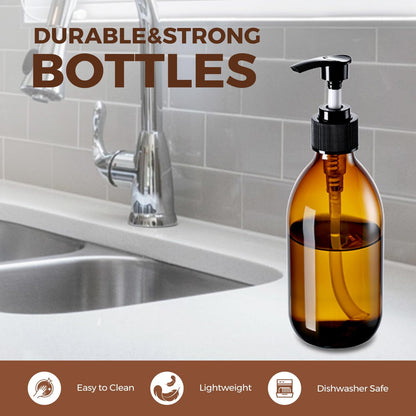 8 oz Amber Glass Pump Bottle, Small Empty Soap Dispenser for Oil | Refillable Dark Lotion Dispensers, Include Storage Caps, Funnel, Labels - UV Block, Smooth 2CC Pump, BPA-free, 250ml 2 Pack