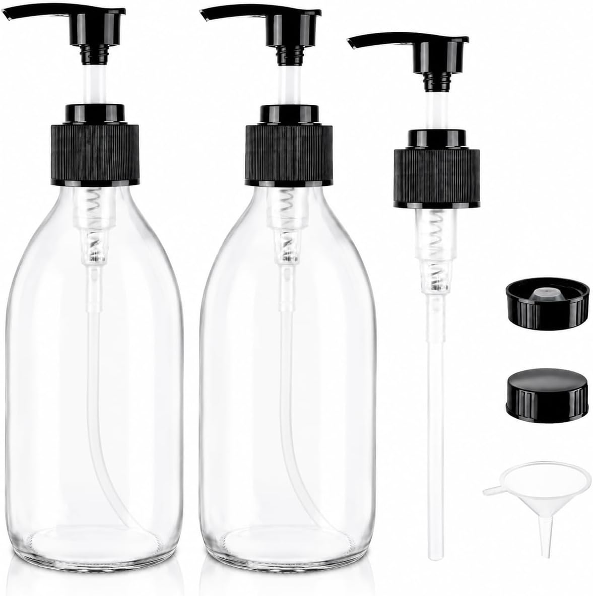 8 oz Amber Glass Pump Bottle, Small Empty Soap Dispenser for Oil | Refillable Dark Lotion Dispensers, Include Storage Caps, Funnel, Labels - UV Block, Smooth 2CC Pump, BPA-free, 250ml 2 Pack