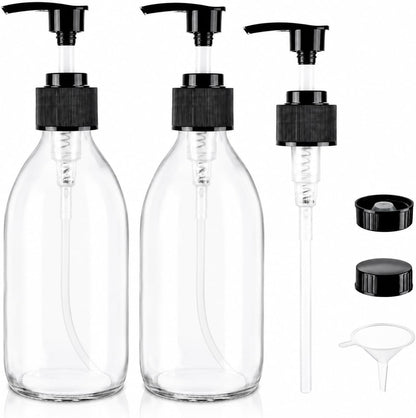 8 oz Amber Glass Pump Bottle, Small Empty Soap Dispenser for Oil | Refillable Dark Lotion Dispensers, Include Storage Caps, Funnel, Labels - UV Block, Smooth 2CC Pump, BPA-free, 250ml 2 Pack