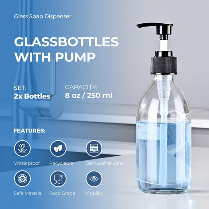 8 oz Amber Glass Pump Bottle, Small Empty Soap Dispenser for Oil | Refillable Dark Lotion Dispensers, Include Storage Caps, Funnel, Labels - UV Block, Smooth 2CC Pump, BPA-free, 250ml 2 Pack