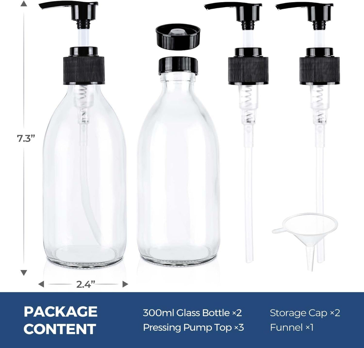 8 oz Amber Glass Pump Bottle, Small Empty Soap Dispenser for Oil | Refillable Dark Lotion Dispensers, Include Storage Caps, Funnel, Labels - UV Block, Smooth 2CC Pump, BPA-free, 250ml 2 Pack