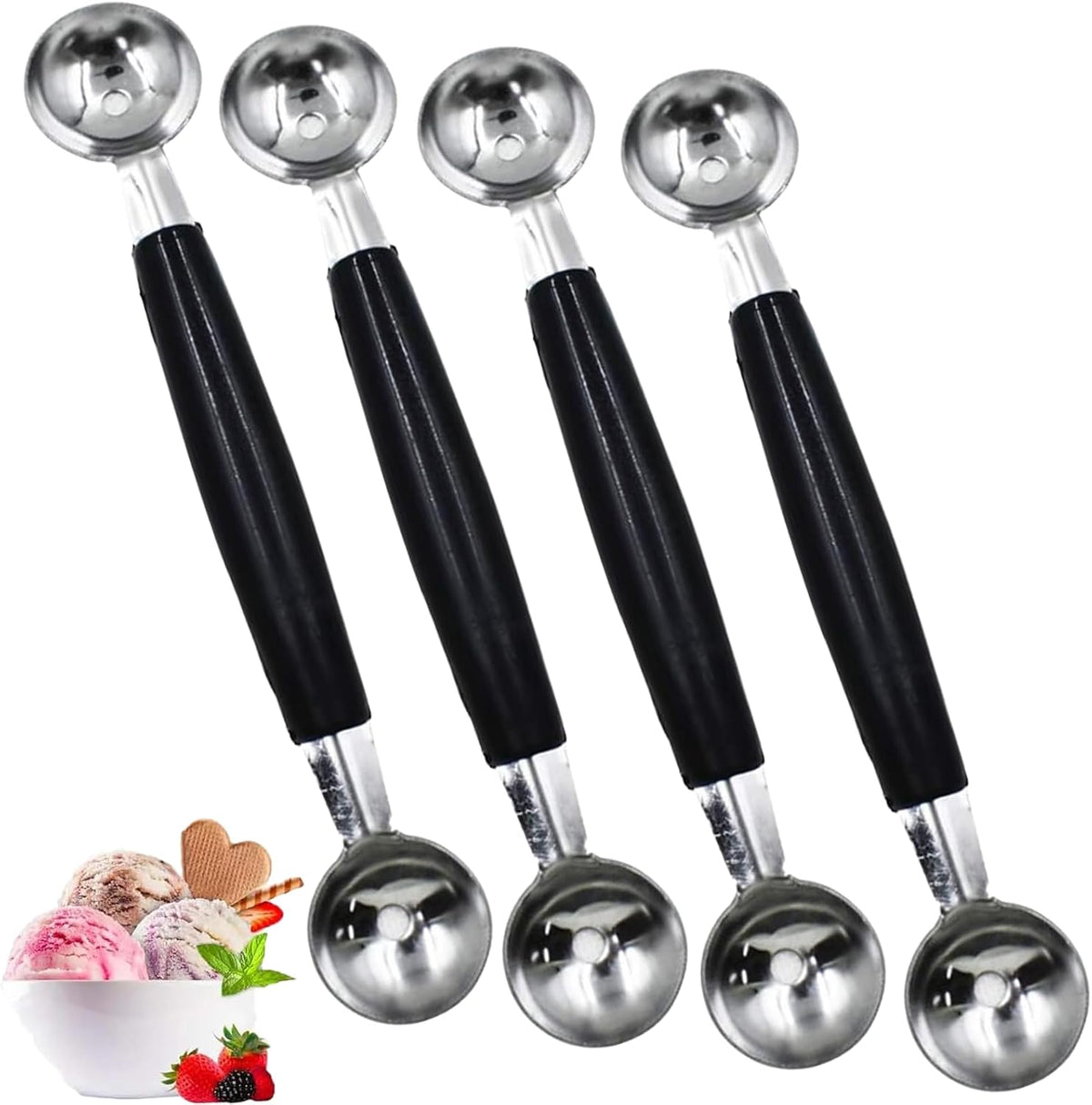 4 Pack Stainless Steel Melon Baller, Double Melon Baller, Double Ended Headed Fruit Icecream Ball Spoon, Baller Scoops for Fruits, Vegetables, Butter & More