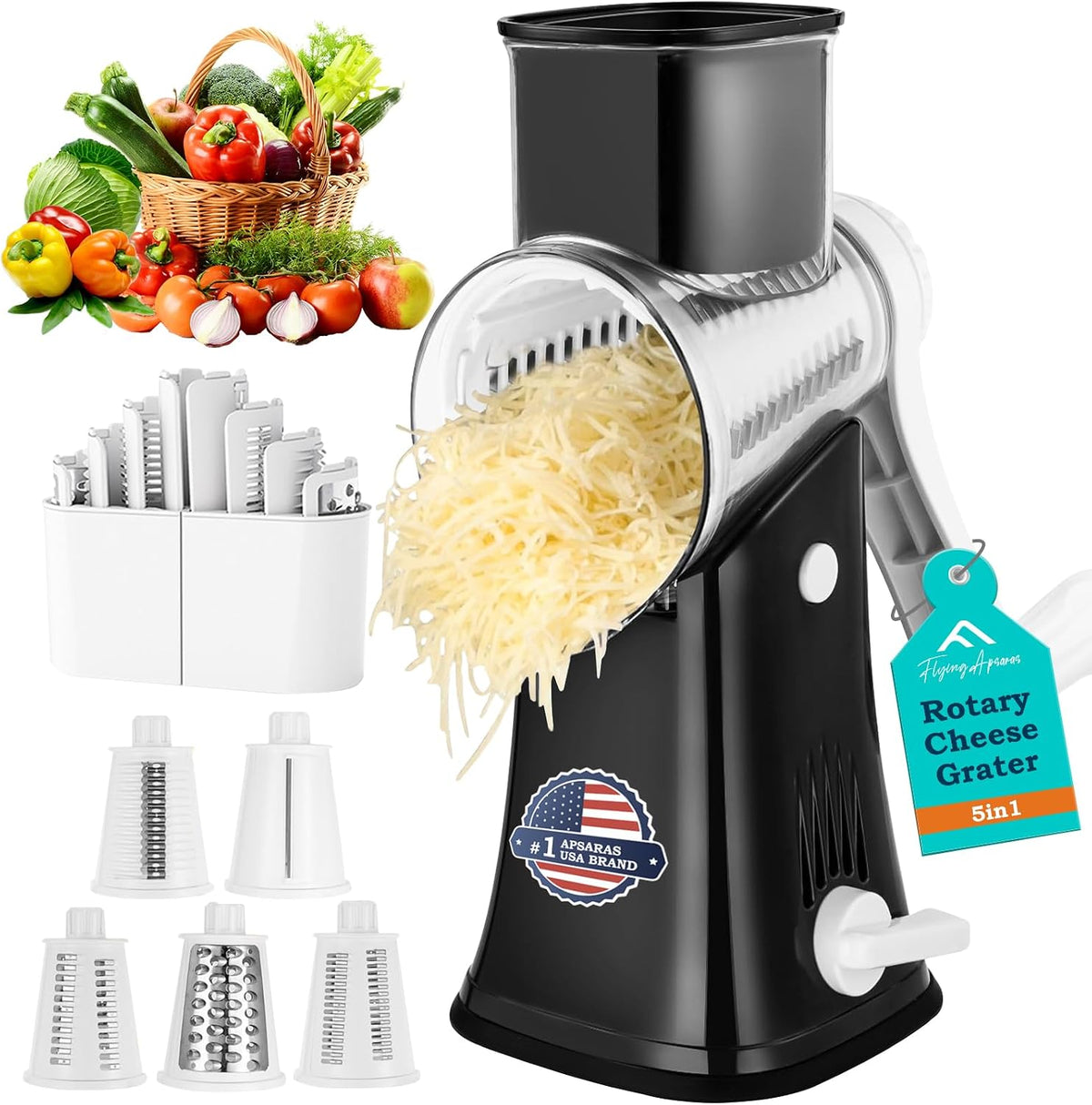 APSARAS USA Rotary Cheese Grater, 5 in 1 Rotary Grater, Cheese Grater Hand Crank, Replaceable Stainless Blades Cheese Shredder, Cheese Slicer, Easy to Clean Kitchen Gadgets with Storage Box