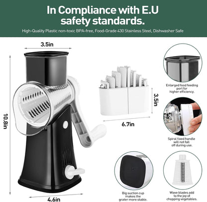 APSARAS USA Rotary Cheese Grater, 5 in 1 Rotary Grater, Cheese Grater Hand Crank, Replaceable Stainless Blades Cheese Shredder, Cheese Slicer, Easy to Clean Kitchen Gadgets with Storage Box