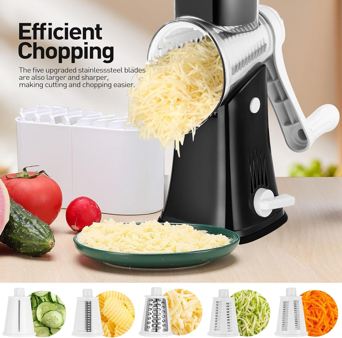 APSARAS USA Rotary Cheese Grater, 5 in 1 Rotary Grater, Cheese Grater Hand Crank, Replaceable Stainless Blades Cheese Shredder, Cheese Slicer, Easy to Clean Kitchen Gadgets with Storage Box