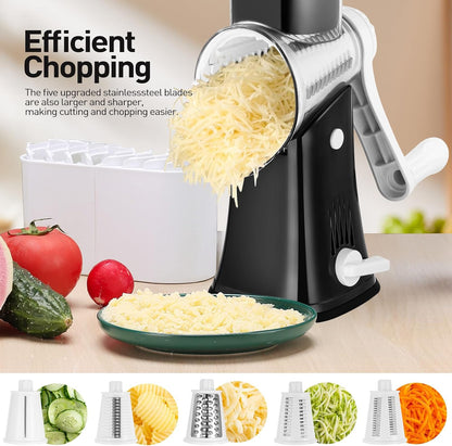 APSARAS USA Rotary Cheese Grater, 5 in 1 Rotary Grater, Cheese Grater Hand Crank, Replaceable Stainless Blades Cheese Shredder, Cheese Slicer, Easy to Clean Kitchen Gadgets with Storage Box
