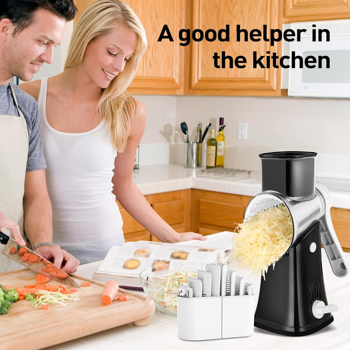 APSARAS USA Rotary Cheese Grater, 5 in 1 Rotary Grater, Cheese Grater Hand Crank, Replaceable Stainless Blades Cheese Shredder, Cheese Slicer, Easy to Clean Kitchen Gadgets with Storage Box