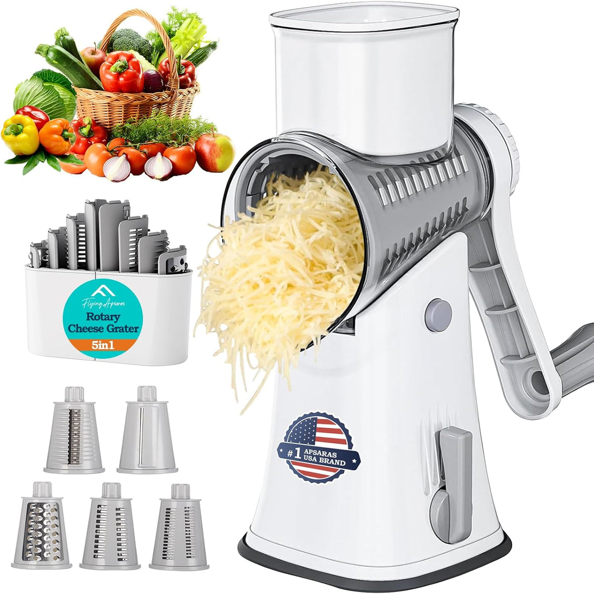 APSARAS USA Rotary Cheese Grater, 5 in 1 Rotary Grater, Cheese Grater Hand Crank, Replaceable Stainless Blades Cheese Shredder, Cheese Slicer, Easy to Clean Kitchen Gadgets with Storage Box