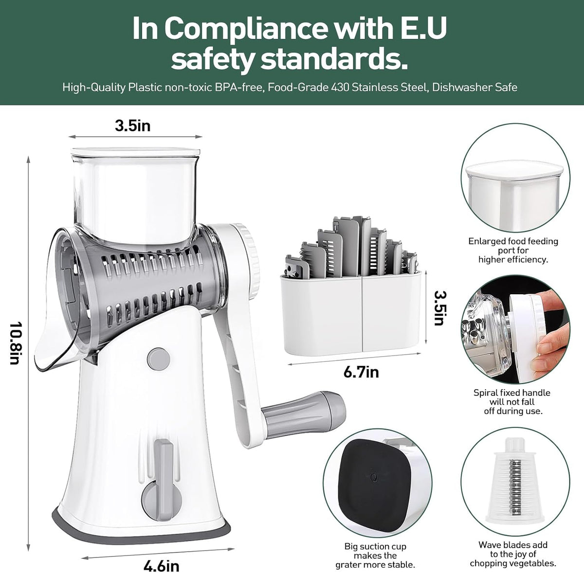 APSARAS USA Rotary Cheese Grater, 5 in 1 Rotary Grater, Cheese Grater Hand Crank, Replaceable Stainless Blades Cheese Shredder, Cheese Slicer, Easy to Clean Kitchen Gadgets with Storage Box