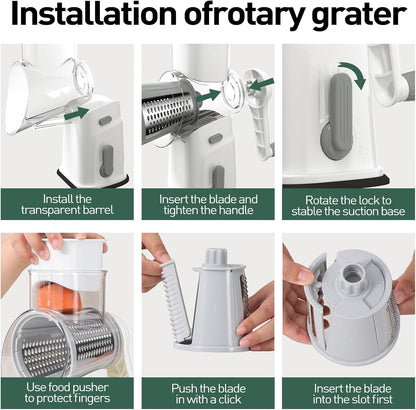 APSARAS USA Rotary Cheese Grater, 5 in 1 Rotary Grater, Cheese Grater Hand Crank, Replaceable Stainless Blades Cheese Shredder, Cheese Slicer, Easy to Clean Kitchen Gadgets with Storage Box