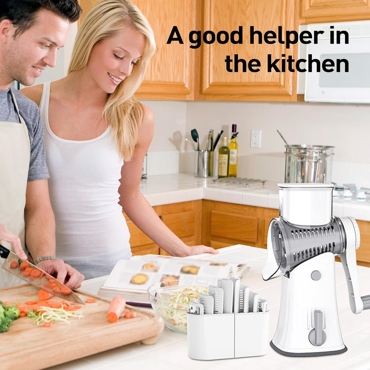 APSARAS USA Rotary Cheese Grater, 5 in 1 Rotary Grater, Cheese Grater Hand Crank, Replaceable Stainless Blades Cheese Shredder, Cheese Slicer, Easy to Clean Kitchen Gadgets with Storage Box