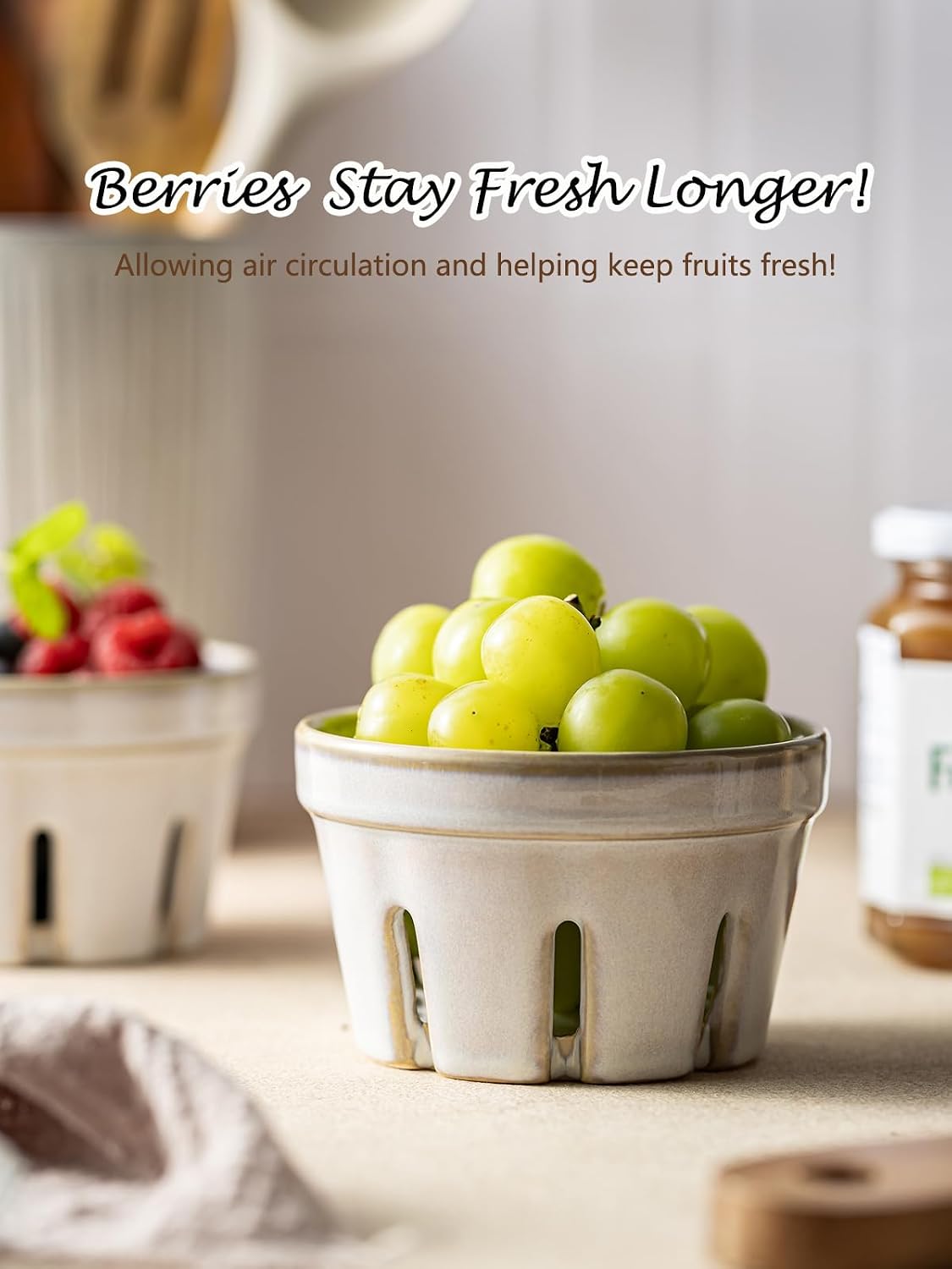 Ceramic Berry Bowl Set of 2, Small Fruit Basket Colanders, White