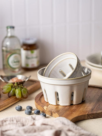 Ceramic Berry Bowl Set of 2, Small Fruit Basket Colanders, White
