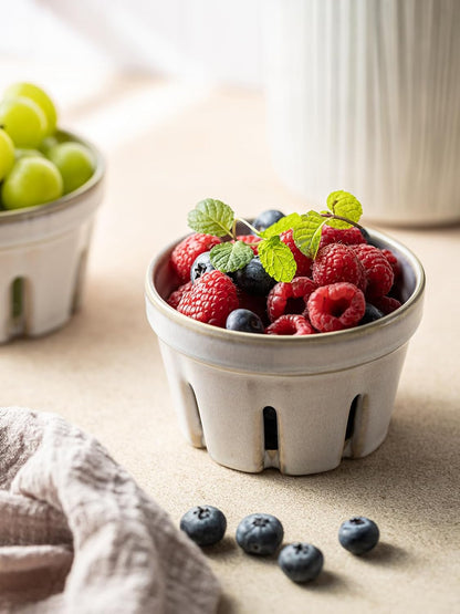 Ceramic Berry Bowl Set of 2, Small Fruit Basket Colanders, White