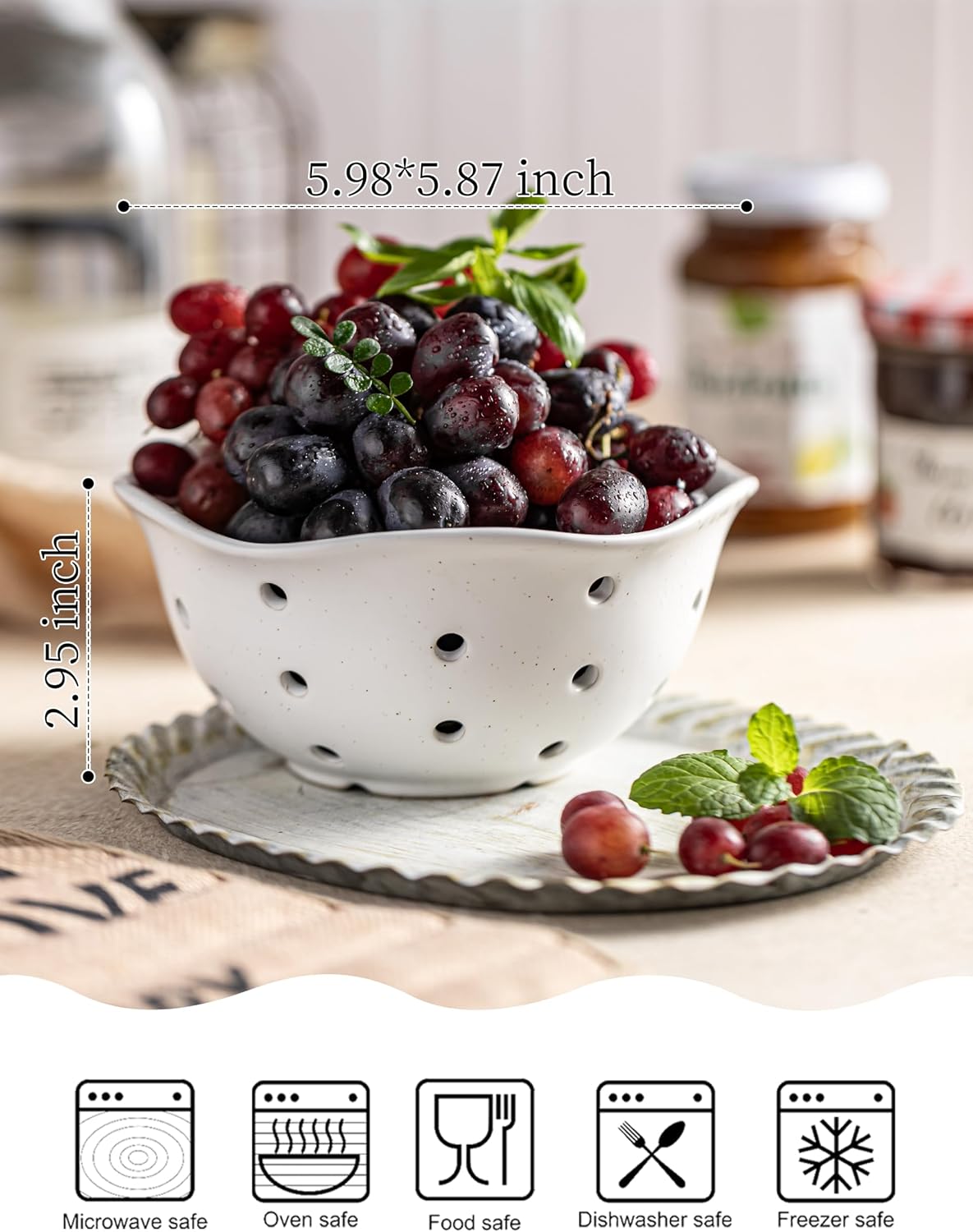 Ceramic Berry Bowl Set of 2, Small Fruit Basket Colanders, White