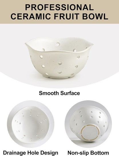 Ceramic Berry Bowl Set of 2, Small Fruit Basket Colanders, White