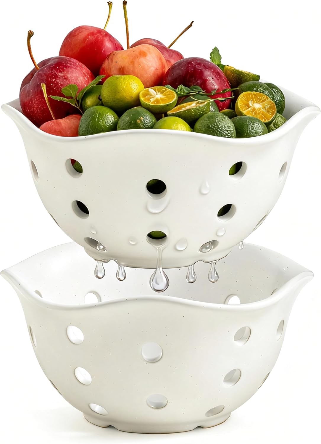 Ceramic Berry Bowl Set of 2, Small Fruit Basket Colanders, White