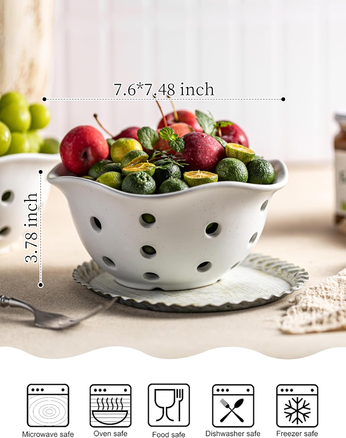 Ceramic Berry Bowl Set of 2, Small Fruit Basket Colanders, White