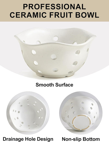 Ceramic Berry Bowl Set of 2, Small Fruit Basket Colanders, White