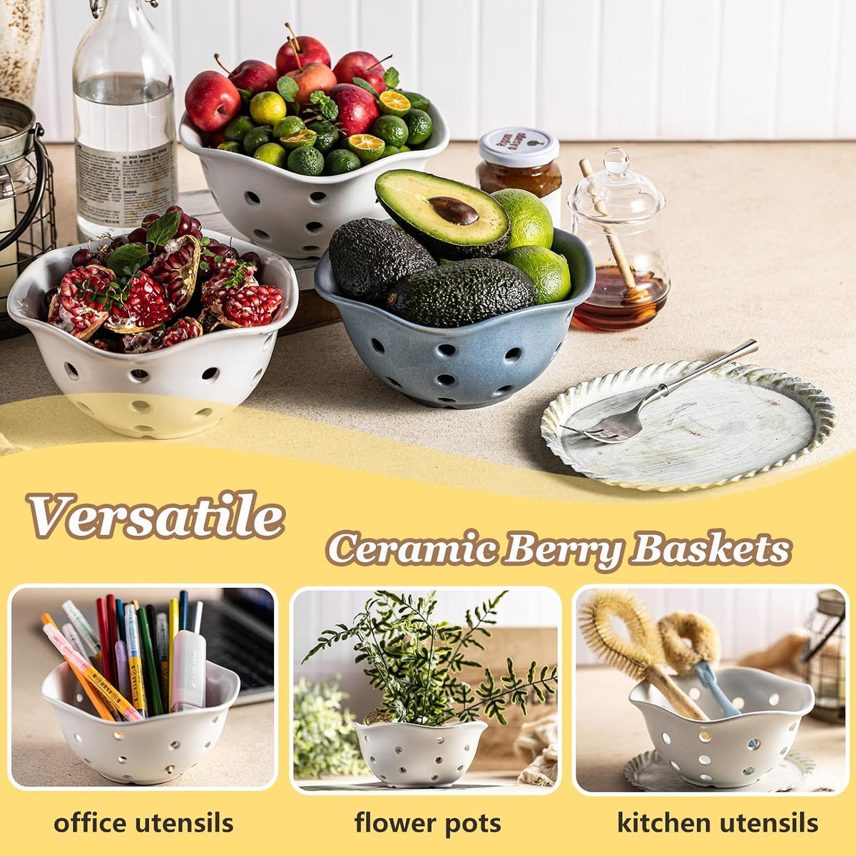 Ceramic Berry Bowl Set of 2, Small Fruit Basket Colanders, White