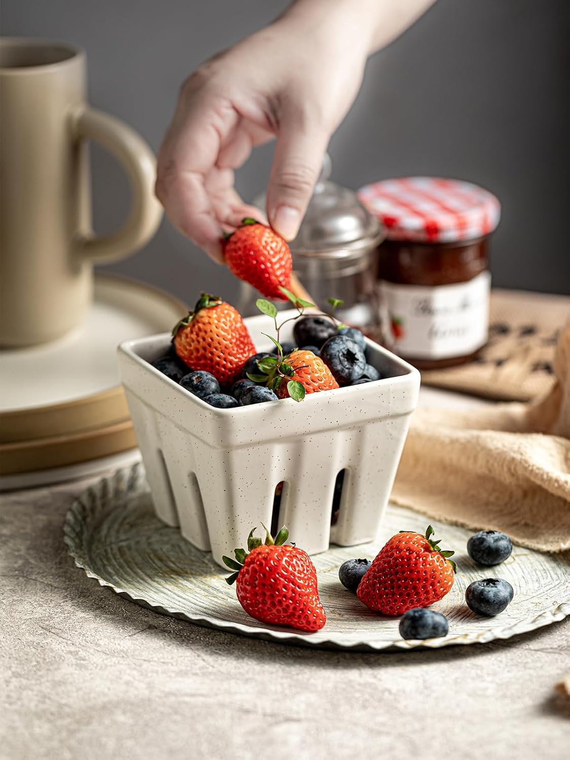 Ceramic Berry Bowl Set of 2, Small Fruit Basket Colanders, White