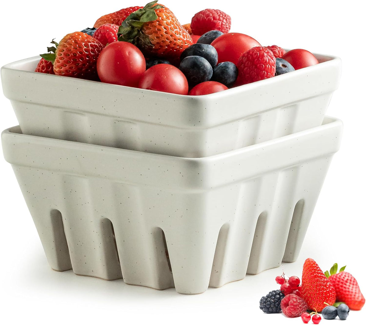 Ceramic Berry Bowl Set of 2, Small Fruit Basket Colanders, White