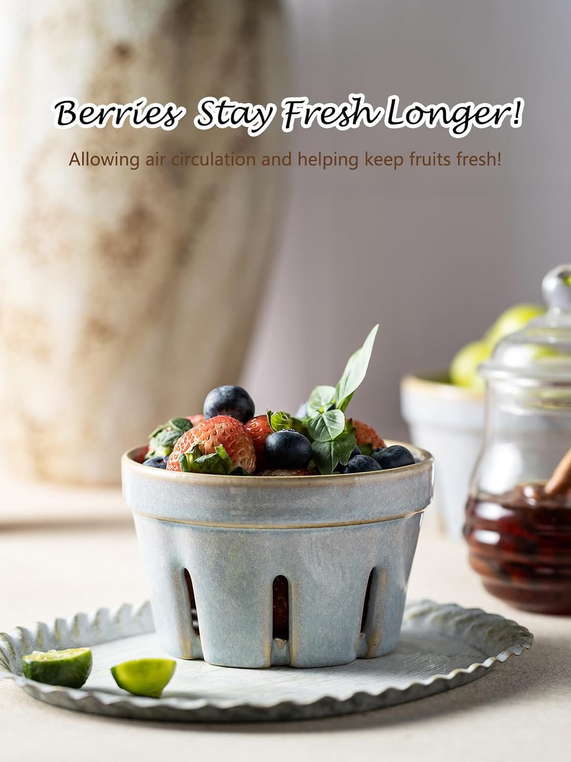 Ceramic Berry Bowl Set of 2, Small Fruit Basket Colanders, White
