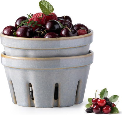 Ceramic Berry Bowl Set of 2, Small Fruit Basket Colanders, White