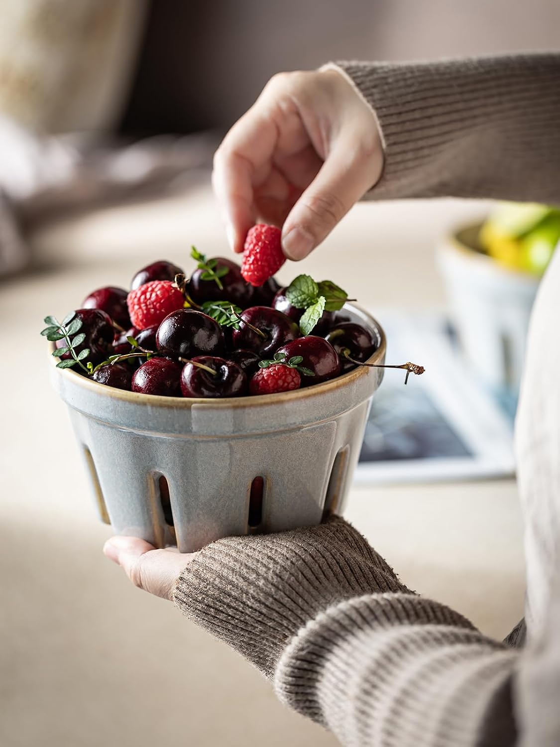 Ceramic Berry Bowl Set of 2, Small Fruit Basket Colanders, White