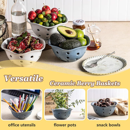 Ceramic Berry Bowl Set of 2, Small Fruit Basket Colanders, White