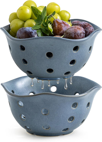 Ceramic Berry Bowl Set of 2, Small Fruit Basket Colanders, White