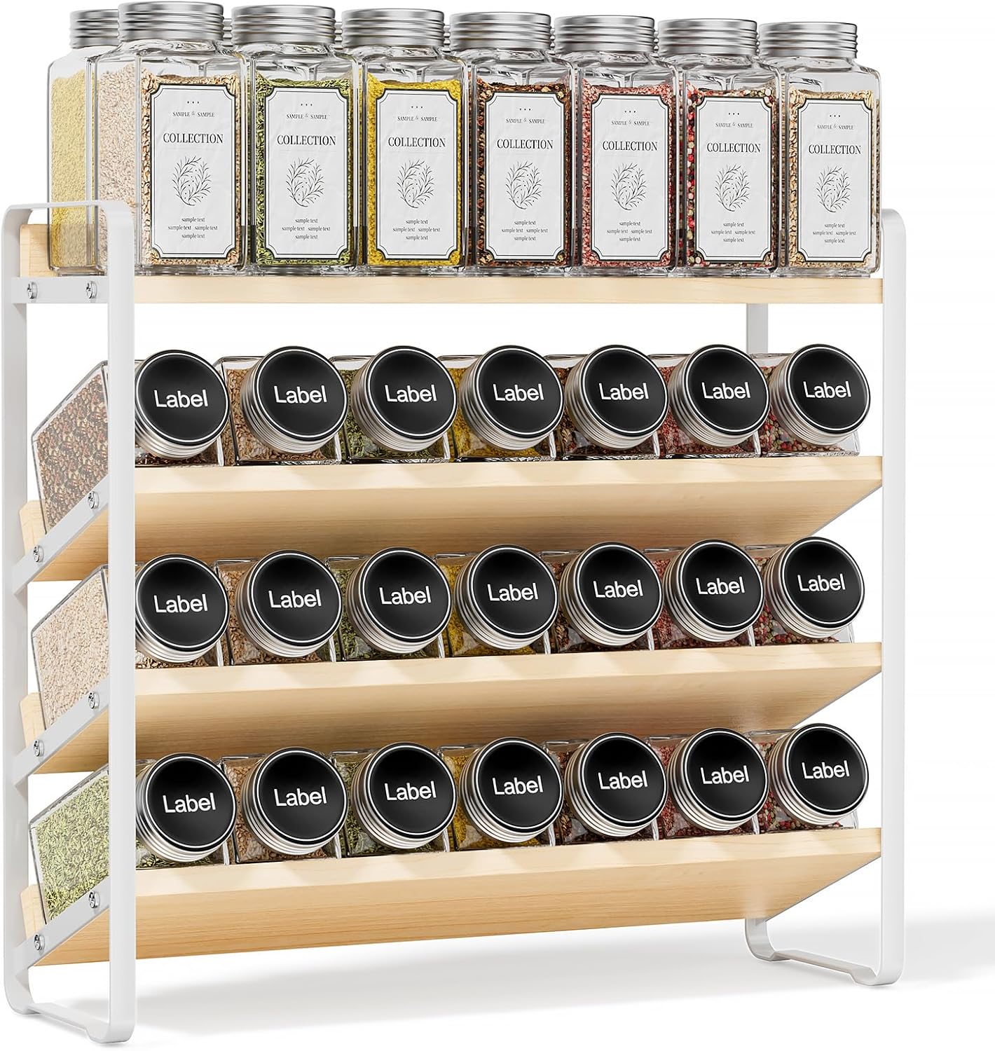 4 Tier Spice Rack Organizer for Cabinet,Wooden Vertical Spice Shelf, Seasoning Organizer for Countertop, Kitchen, Pantry, Freestanding, 13.4" W × 11.2" H (No Jars Included), White