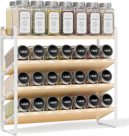 4 Tier Spice Rack Organizer for Cabinet,Wooden Vertical Spice Shelf, Seasoning Organizer for Countertop, Kitchen, Pantry, Freestanding, 13.4" W × 11.2" H (No Jars Included), White