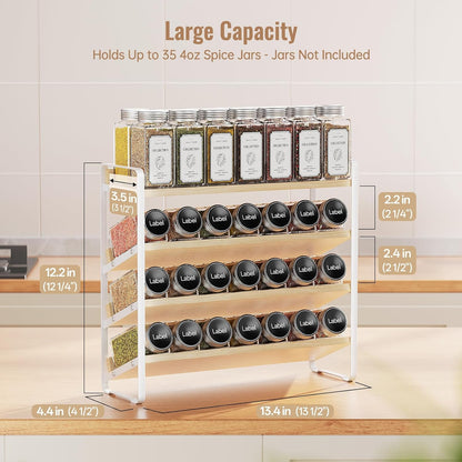 4 Tier Spice Rack Organizer for Cabinet,Wooden Vertical Spice Shelf, Seasoning Organizer for Countertop, Kitchen, Pantry, Freestanding, 13.4" W × 11.2" H (No Jars Included), White