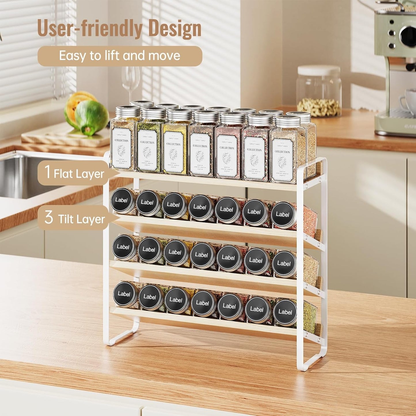 4 Tier Spice Rack Organizer for Cabinet,Wooden Vertical Spice Shelf, Seasoning Organizer for Countertop, Kitchen, Pantry, Freestanding, 13.4" W × 11.2" H (No Jars Included), White